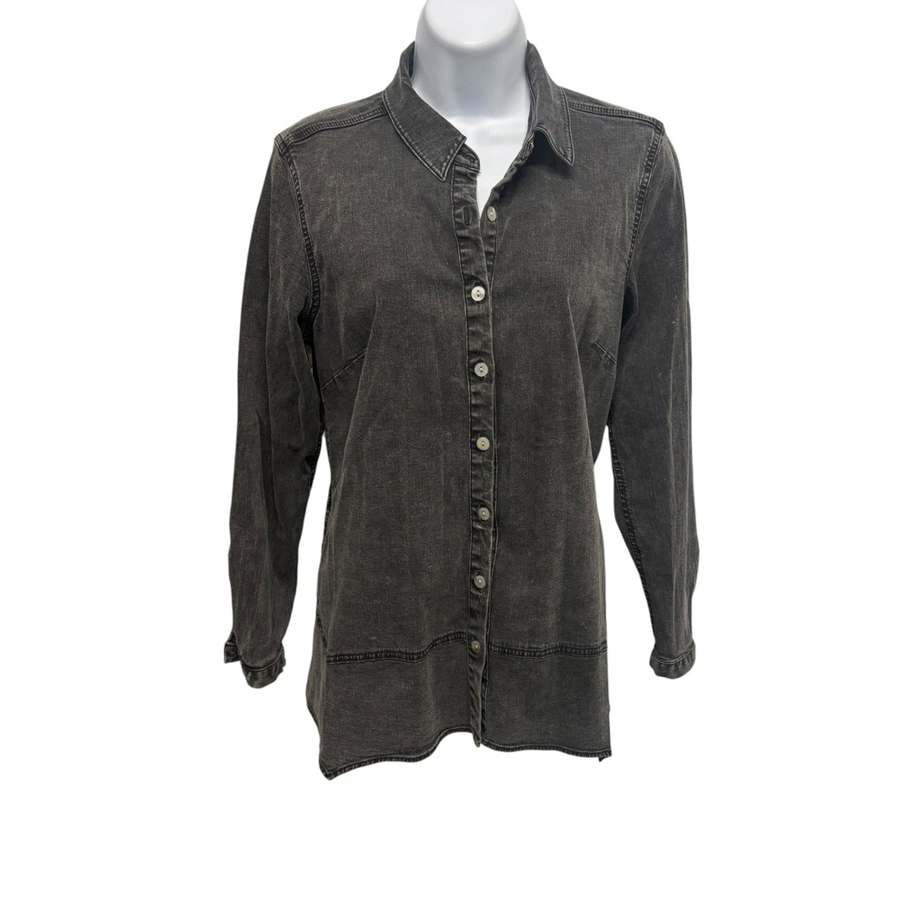 LOGO by Lori Goldstein Womens XS Faded Black Denim Button Down Sharkbite Shirt